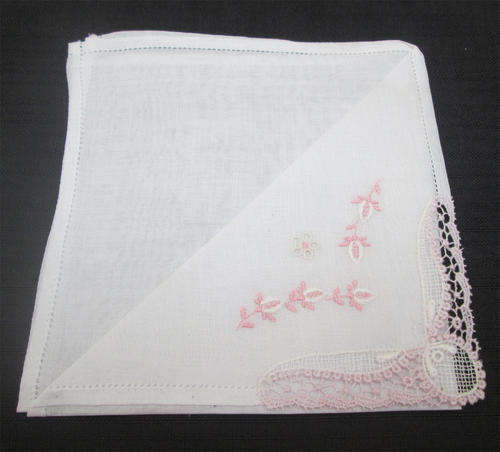 Embroidered with Lace White & Pink Linen Hanky