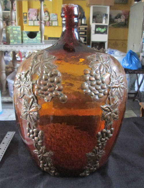 Old Large Amber Coloured Glass Bottle with Pewter Work and Stones