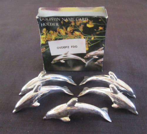 Set of 5 Silver Plated Dolphin Name Plate Holders in Box
