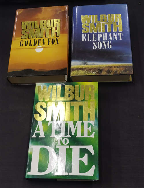 Trio 1st Edition Wilbur Smith Books with Dust Jackets - Golden Fox, Elephant Song and A Time To Die