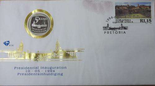 1994 presidential  inauguration  R5  coin & water damaged on envelope coin 100%