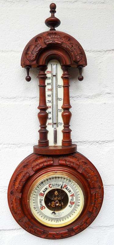 EDWARDIAN BAROMETER ,CARVED AND TURNED BEECHWOOD CASE MADE BY T.COOKE & SONS ,LONDON 1910,WORKING