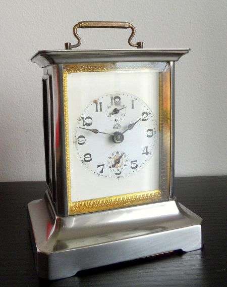 CARRIAGE CLOCK WITH MUSIC ALARM,"HALLER" GERMANY,NICKEL CASE,ALL WORKING CA.1900