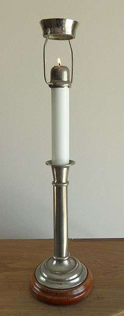 VINTAGE SPRING LOADED CANDLE HOLDER NICKEL-METAL AND WOOD TOTAL HEIGHT 38.5 cm