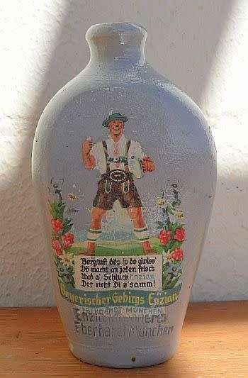 STONE WARE BOTTLE "BAYERISCHER GEBIRGS ENZIAN / PAINTING AND POEM /MADE BY EBERHARDT MUNICH GERMANY