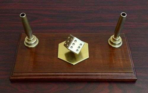 VINTAGE PEN HOLDER DESK STAND SOLID BRASS AND WOOD