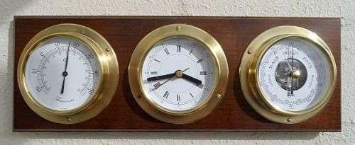 VINTAGE BARIGO ANEROID BAROMETER,QUARTZ CLOCK AND THERMOMETER ON WOODEN BASE ALL WORKING