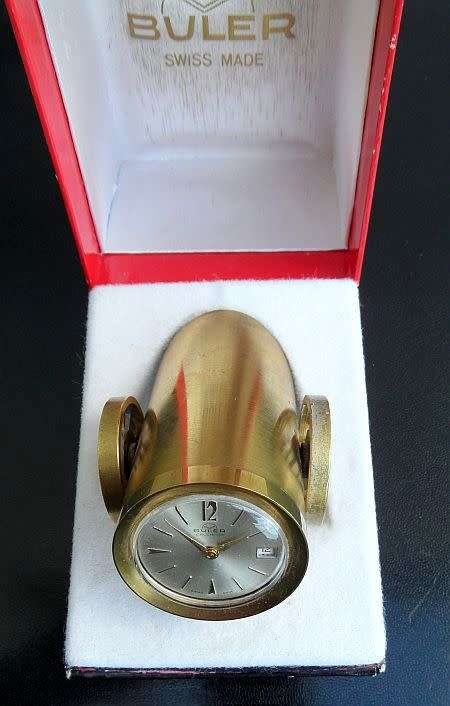 SWISS DESK CLOCK `THE CANNON` MADE BY BULER, CALENDAR WIND UP MOVEMENT BRASS CASE 1960`s WORKING