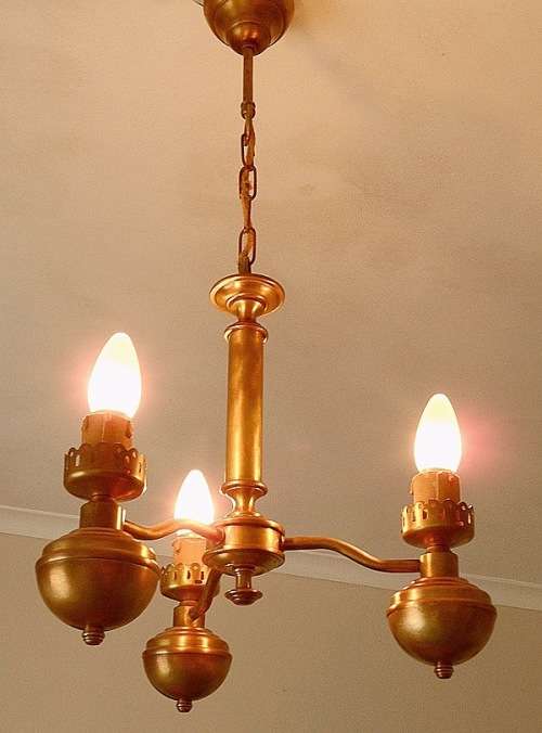 SOLID BRASS CHANDELIER  THREE ARMED ART DECO STYLE COMPLETE WITH  THREE LIGHT BULBS