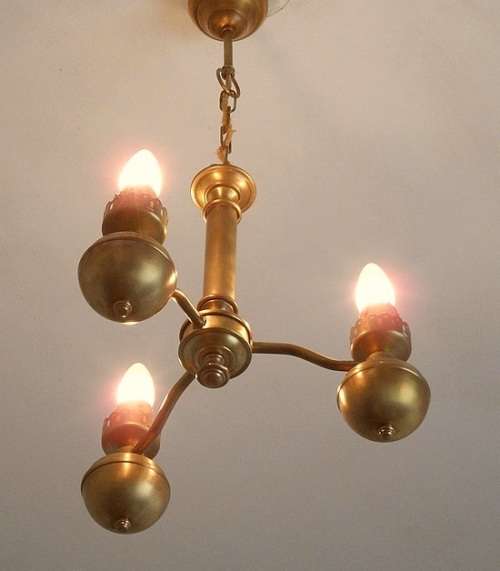 SOLID BRASS CHANDELIER  THREE ARMED ART DECO STYLE COMPLETE WITH  THREE LIGHT BULBS