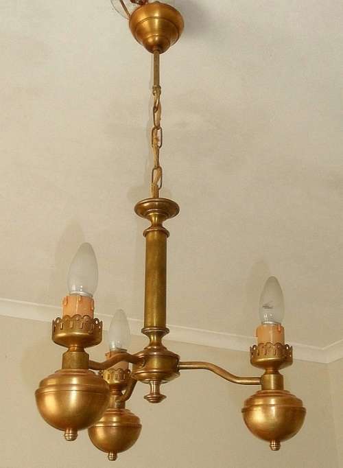 SOLID BRASS CHANDELIER  THREE ARMED ART DECO STYLE COMPLETE WITH  THREE LIGHT BULBS