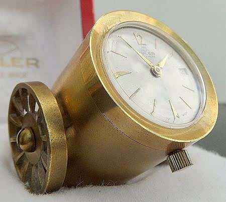 SWISS DESK CLOCK `THE CANNON` MADE BY BULER, CALENDAR WIND UP MOVEMENT BRASS CASE 1960`s WORKING