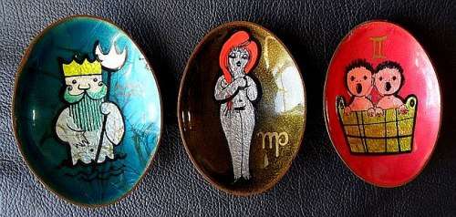 1950s THREE SMALL COPPER ENAMEL BOWLS WITH SIGN OF ZODIAC MADE IN ITALY