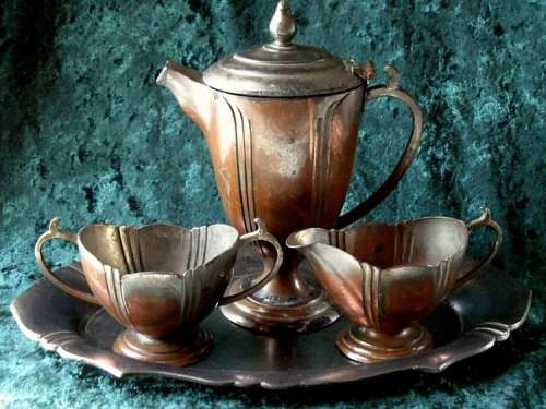 JAPANESE ART DECO SOFT PEWTER TEA SET WITH TRAY