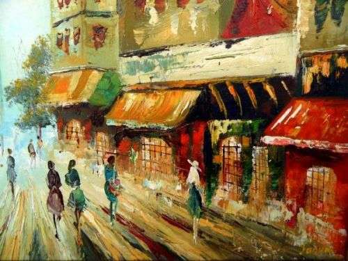 PARIS STREET SCENE WITH MOULIN ROUGE OIL ON CANVAS BOARD ORIGINAL SIGNED BY ARTIST