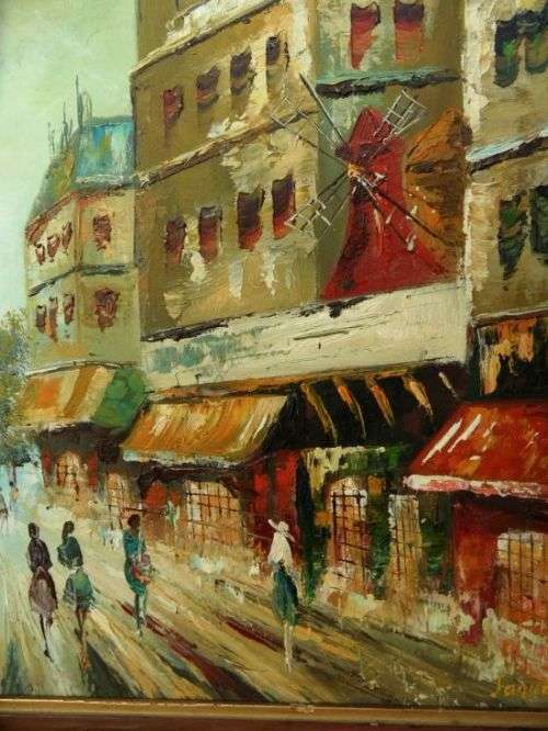 PARIS STREET SCENE WITH MOULIN ROUGE OIL ON CANVAS BOARD ORIGINAL SIGNED BY ARTIST