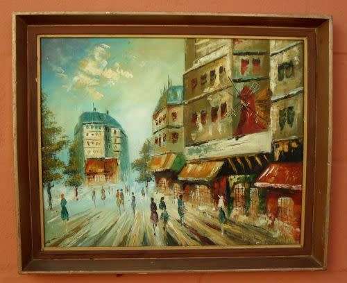 PARIS STREET SCENE WITH MOULIN ROUGE OIL ON CANVAS BOARD ORIGINAL SIGNED BY ARTIST