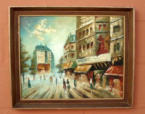 PARIS STREET SCENE WITH MOULIN ROUGE OIL ON CANVAS BOARD ORIGINAL SIGNED BY ARTIST