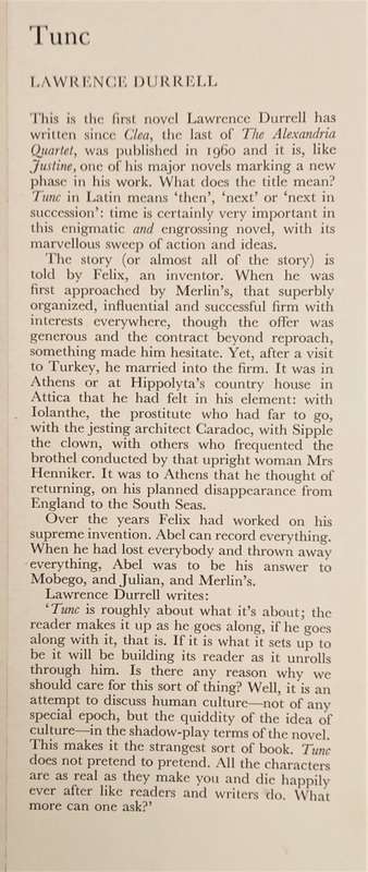 Lawrence Durrell, Tunc (1st edition)