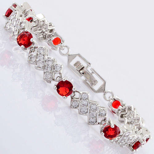 Charming!18K White Gold Plated Round Cubic Zirconia Red Ruby Tennis Bracelet