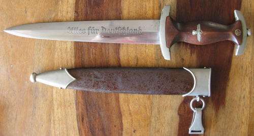 GERMAN SA DAGGER WITH BROWN-PAINTED STEEL SHEATH & NICKEL PLATED MOUNTS & STRAP CATCH
