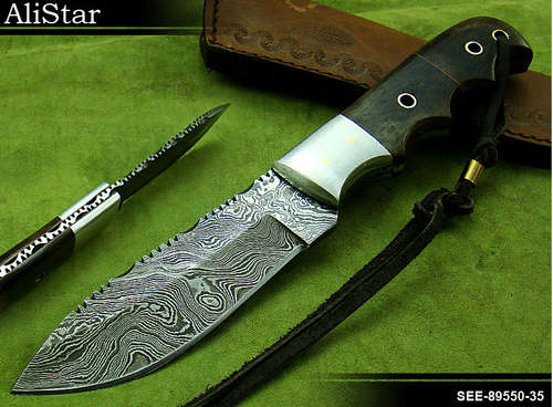 CUSTOM MADE DAMASCUS SKINNER KNIFE WITH SHEATH