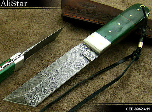 CUSTOM MADE DAMASCUS SKINNER BONE TANTO KNIFE WITH SHEATH