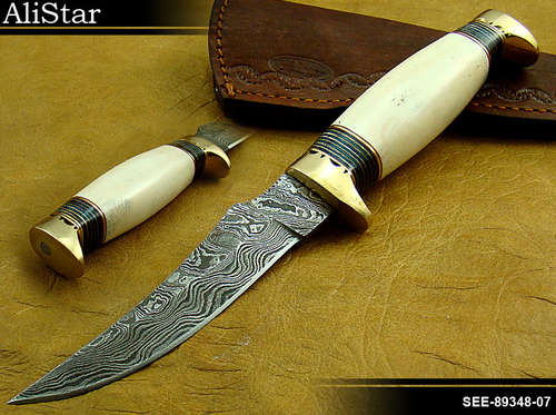 CUSTOM HANDMADE DAMASCUS HUNTING SKINNER KNIFE WITH LEATHER SHEATH