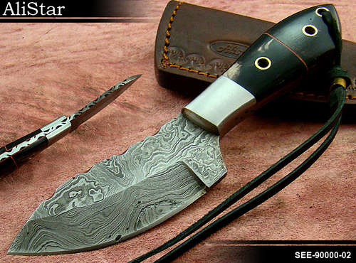 CUSTOM HANDMADE DAMASCUS HUNTING SKINNER KNIFE WITH LEATHER SHEATH