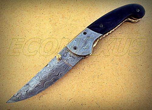 CUSTOM MADE DAMASCUS FOLDING KNIFE WITH LEATHER POUCH