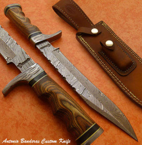 Antonio Banderas RARE CUSTOM DAMASCUS HUNTING BOWIE KNIFE | EXOTIC WOOD
