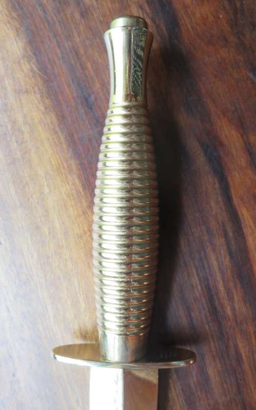 AUTHENTIC FAIRBAIRN SYKES CEREMONIAL GOLD CHROMED COMMANDO KNIFE-DOUBLE EDGED-MAKER STAMPED ON CROSS