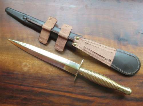 AUTHENTIC FAIRBAIRN SYKES CEREMONIAL GOLD CHROMED COMMANDO KNIFE-DOUBLE EDGED-MAKER STAMPED ON CROSS