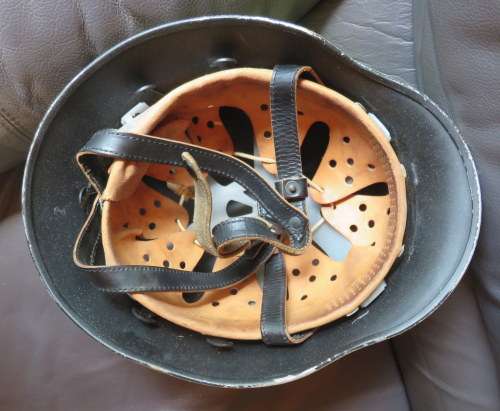POST WAR GERMAN FIRE FIGHTING HELMET-COMPLETE WITH LINER & CHIN STRAP