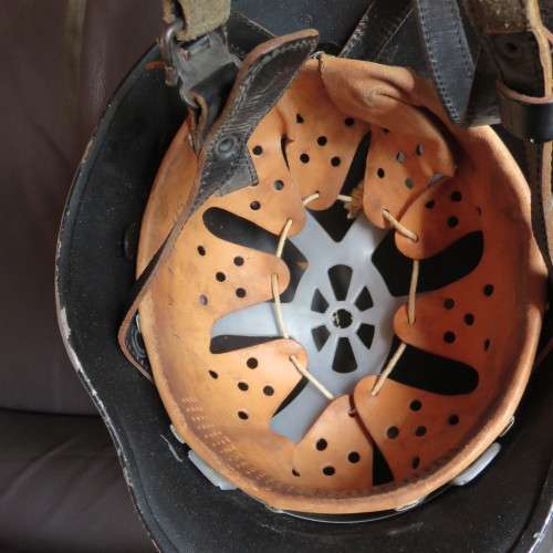 POST WAR GERMAN FIRE FIGHTING HELMET-COMPLETE WITH LINER & CHIN STRAP