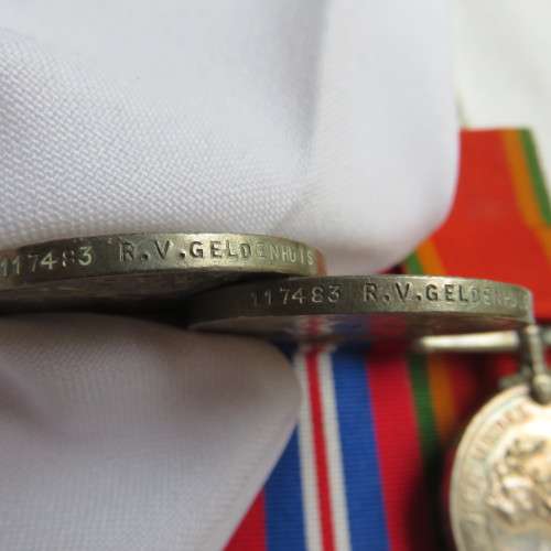 WW2 MEDAL GROUP OF 5 TO 117483 R.V. GELDENHUYS (MOUNTED)WITH RESEARCHED PAPERS SERVED SAAAPCC & SAM