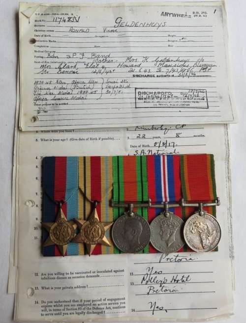 WW2 MEDAL GROUP OF 5 TO 117483 R.V. GELDENHUYS (MOUNTED)WITH RESEARCHED PAPERS SERVED SAAAPCC & SAM