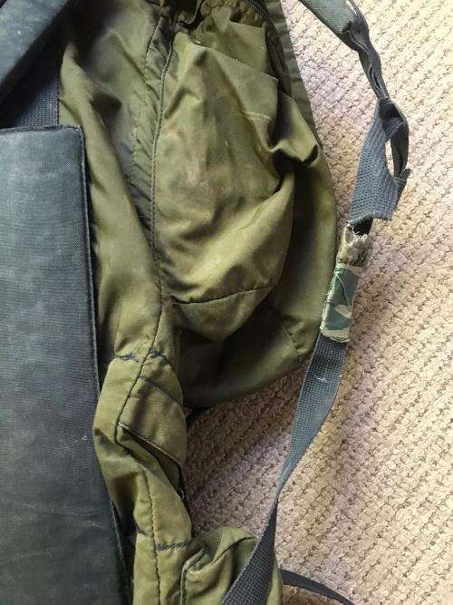 RECCE USED,OLIVE GREEN BACKPACK WITH NO METAL FRAME-ORIGINAL WITH SOME RECCE CAMO TAPE STILL ON IT