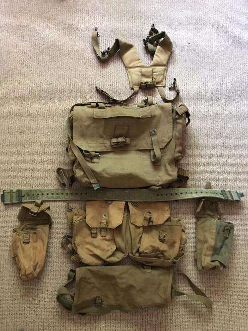 RHODESIAN WEBBING,FOLLOWING SOLD TOGETHER-LARGE BACK PACK,BELT,KIDNEY(SKELETON) KIT,GROUNDSHEET COVE