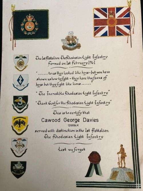 THE 1ST BATTALION RLI CERTIFICATE CARD MOUNTED A2 SIZE-AWARDED TO CAWOOD G.D. TO CERTIFY SERVICE WIT