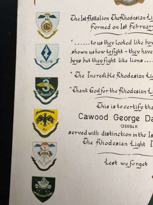 THE 1ST BATTALION RLI CERTIFICATE CARD MOUNTED A2 SIZE-AWARDED TO CAWOOD G.D. TO CERTIFY SERVICE WIT