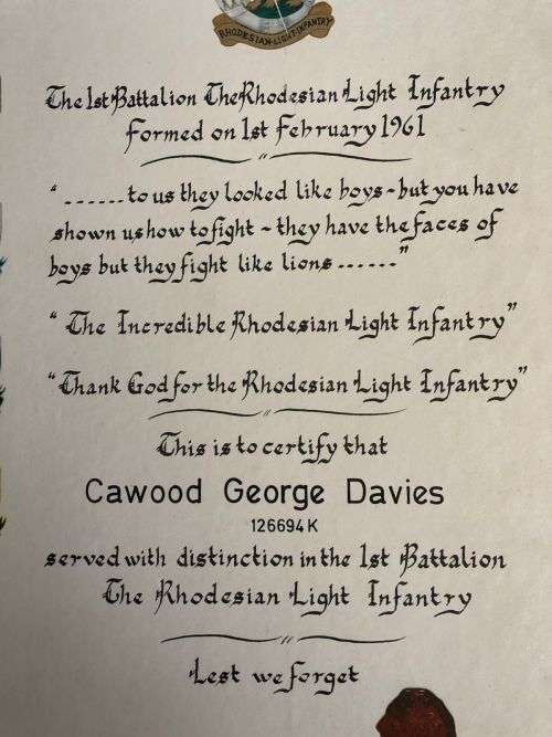 THE 1ST BATTALION RLI CERTIFICATE CARD MOUNTED A2 SIZE-AWARDED TO CAWOOD G.D. TO CERTIFY SERVICE WIT