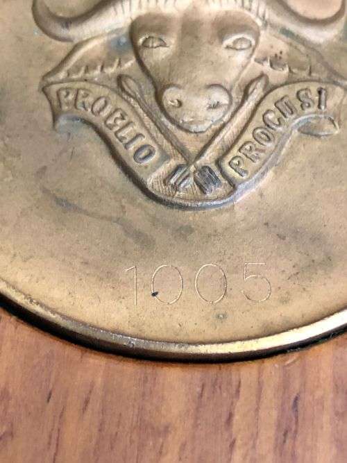 32 BATTALION MEDALLION IN WOODEN DISPLAY BOX-NUMBERED 1005