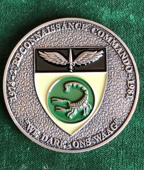 2 RECCE COMMANDO CHALLENGE COIN-DIAMETER 50 MM-NUMBERED ON RIM NO 13 OF 50