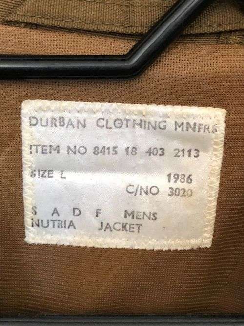 SADF NUTRIA JACKET-LABELLED AND DATED 1986-SIZE LARGE-MEASURES 66 CM ARMPIT TO ARMPIT-PADDED AND IN