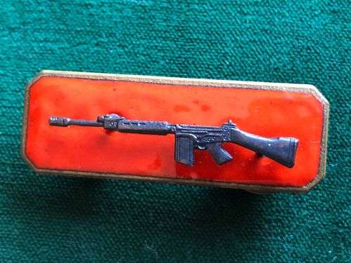 SADF PERIOD MARKSMAN BADGE BLACKENED BRONZE ON ENAMEL BACKING-2 PIECE