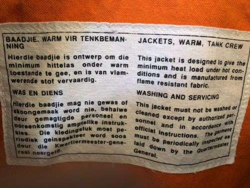 SADF PERIOD TANK COMMANDERS JACKET-SIZE MEDIUM-MEASURES 57 CM ARMPIT TO ARMPIT-GOOD CONDITION WITHOU