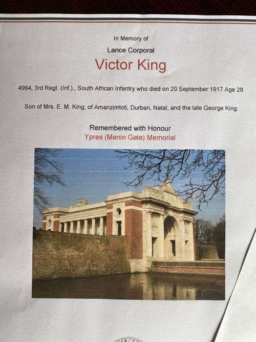 WW1 DEATH PLAQUE TO L/KPL VICTOR KING-WOUNDED IN ACTION 17/07/1916-BCOY 3 SA INF.-TRANSVAAL AND RHOD