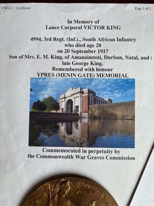 WW1 DEATH PLAQUE TO L/KPL VICTOR KING-WOUNDED IN ACTION 17/07/1916-BCOY 3 SA INF.-TRANSVAAL AND RHOD
