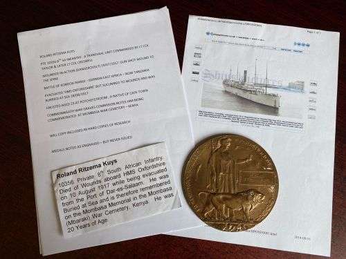 WW1 DEATH PLAQUE FOR ROLAND RITZEMA KUYS 8TH SA INFANTRY ,A TRANSVAAL UNIT WOUNDED IN ACTION DANGERO
